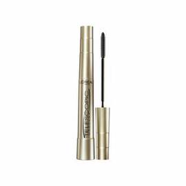 Un tube de mascara dore L'Oreal Paris Telescopic avec la brosse fine sortie, place sur fond blanc.