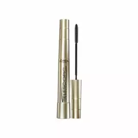 Un tube de mascara dore L'Oreal Paris Telescopic avec la brosse fine sortie, place sur fond blanc.