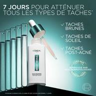 Une composition avec six tubes a essai et un flacon ouvert de Bright Reveal avec sa pipette, accompagne du texte « 7 jours pour attenuer tous les types de taches » sur fond vert.