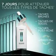 Une composition avec six tubes a essai et un flacon ouvert de Bright Reveal avec sa pipette, accompagne du texte « 7 jours pour attenuer tous les types de taches » sur fond vert.