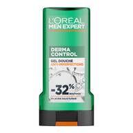 Flacon de gel douche anti-imperfections Derma Control Men Expert L'Oreal Paris sur fond blanc, formule avec 2% d'acide salicylique pour reduire les boutons.​