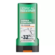 Flacon de gel douche anti-imperfections Derma Control Men Expert L'Oreal Paris sur fond blanc, formule avec 2% d'acide salicylique pour reduire les boutons.​