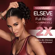 Visuel de la gamme Elseve Full Resist Aminexil L'Oreal Paris avec un modele, mettant en avant un resultat de 2x moins de cheveux sur la brosse.​