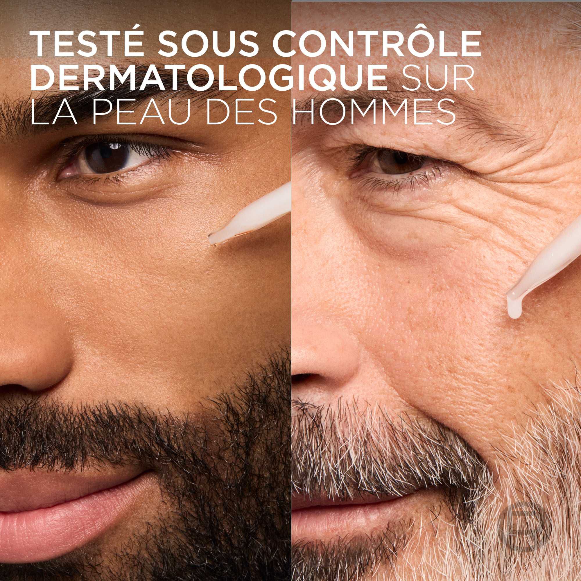 Visages de deux hommes d'ages differents montrant une peau apaisee. Le texte precise que le produit est teste sous controle dermatologique sur la peau des hommes.​