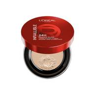  Vue de dessus du poudrier ouvert L'Oreal Paris Infaillible 24H Power Glow, revelant une poudre libre fine et lumineuse a travers son tamis protecteur.​