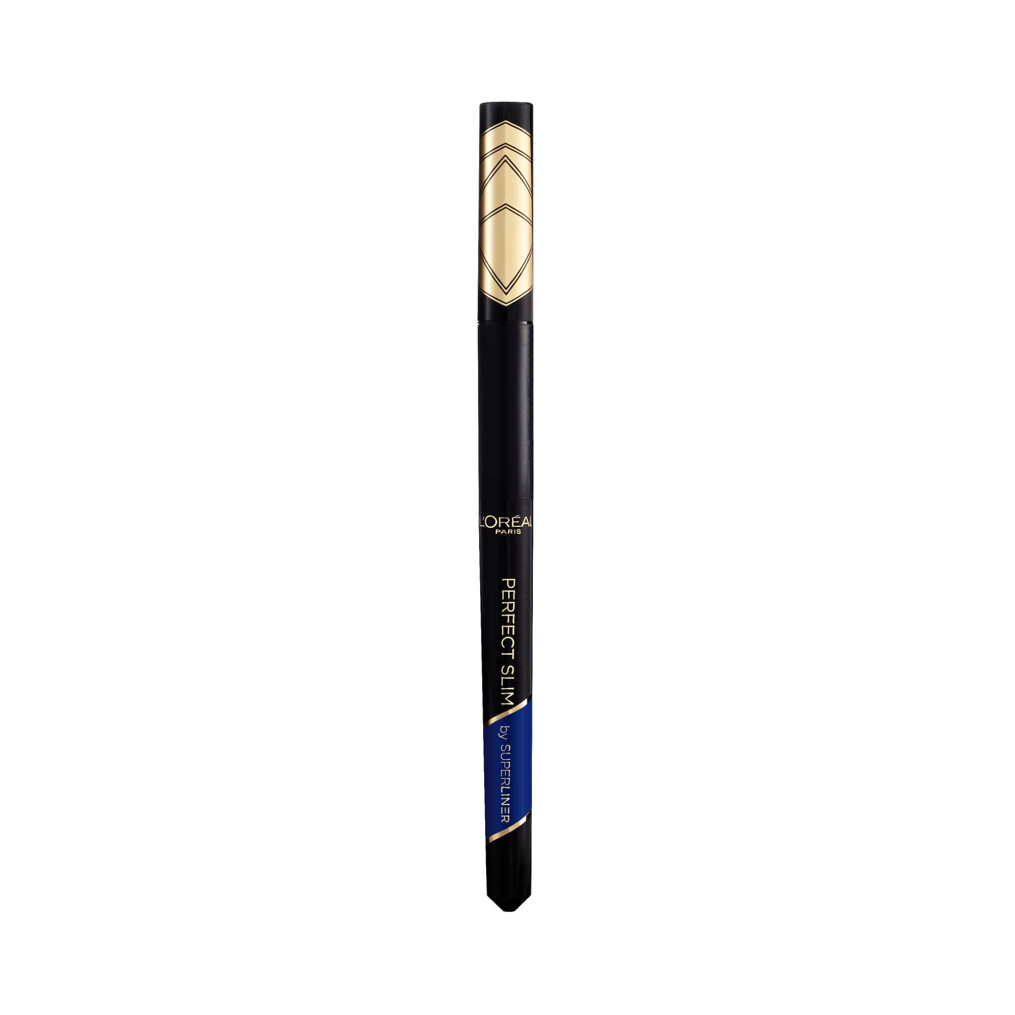 Flacon du Super Liner Perfect Slim de L'Oreal Paris, eyeliner feutre navy avec un capuchon graphique dore.​