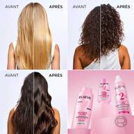 Visuel avant/apres de la gamme Elseve Glycolic Gloss L'Oreal Paris sur differents types de cheveux (lisses, boucles, fonces), illustrant l'efficacite visible pour des cheveux brillants et lisses.​