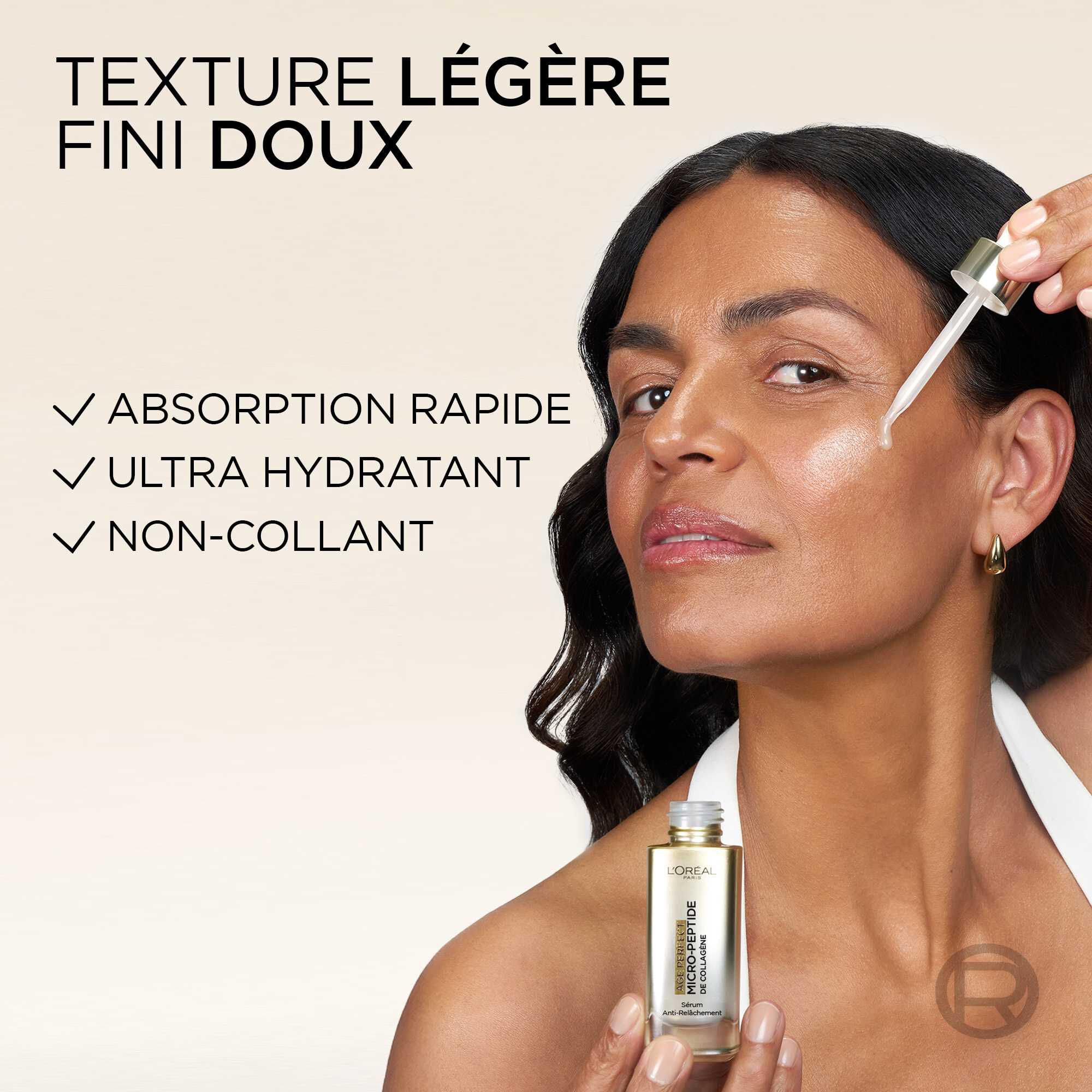 Femme souriante appliquant le serum L'Oreal Age Perfect Micro-Peptide de Collagene sur son cou, avec texte "TEXTURE LEGERE FINI DOUX", "ABSORPTION RAPIDE", "ULTRA HYDRATANT", "NON-COLLANT".