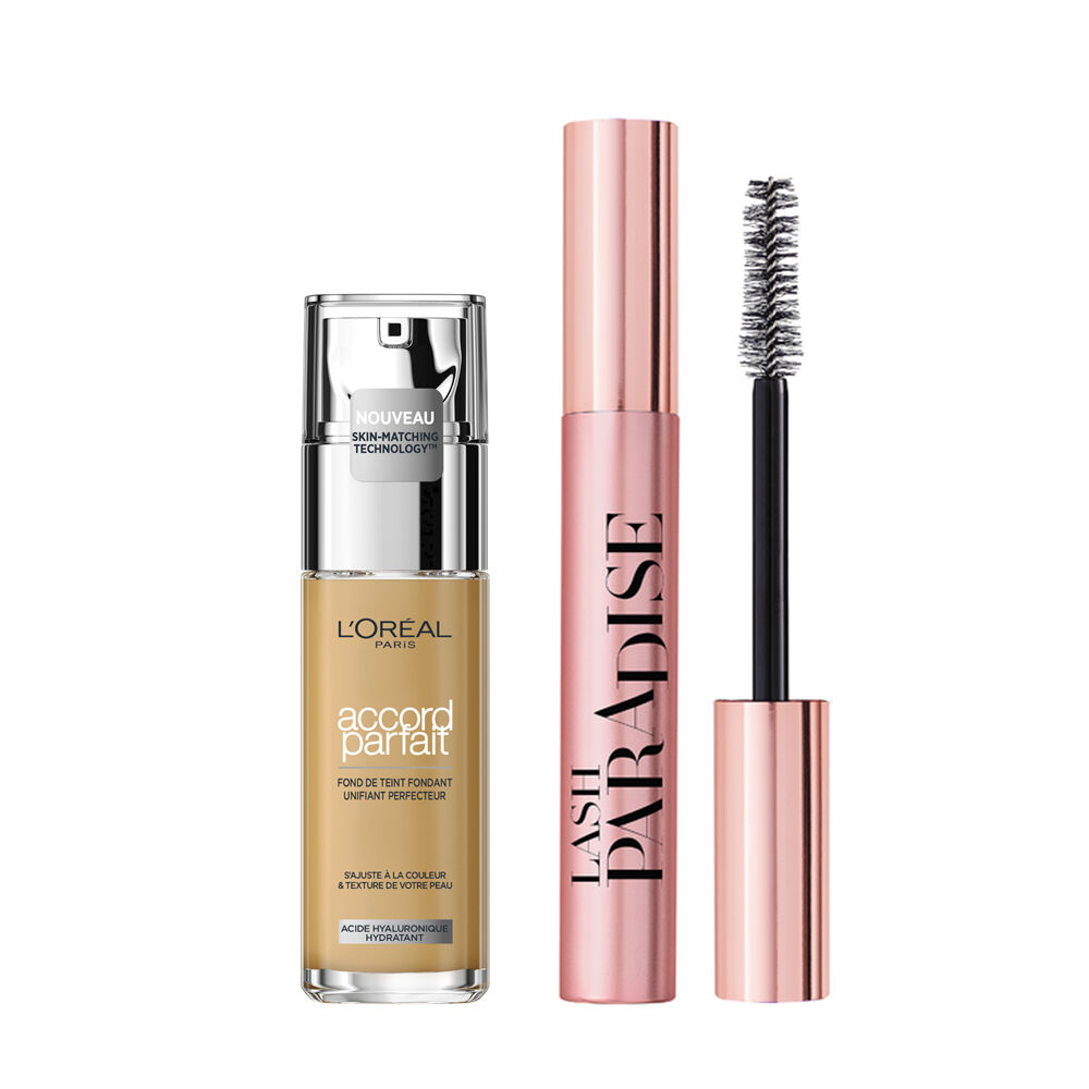 Duo Teint & Yeux – Fond de Teint Fluide Accord Parfait Beige Dore (3.D) + Mascara Paradise extra black