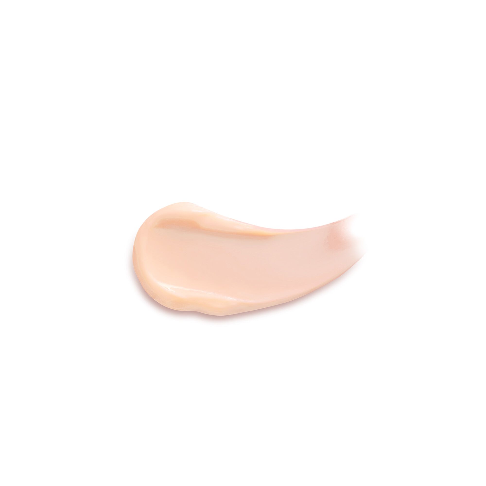 Gros plan sur un echantillon de texture de creme fluide de couleur peche claire, montrant une consistance onctueuse, lisse et legerement brillante.​