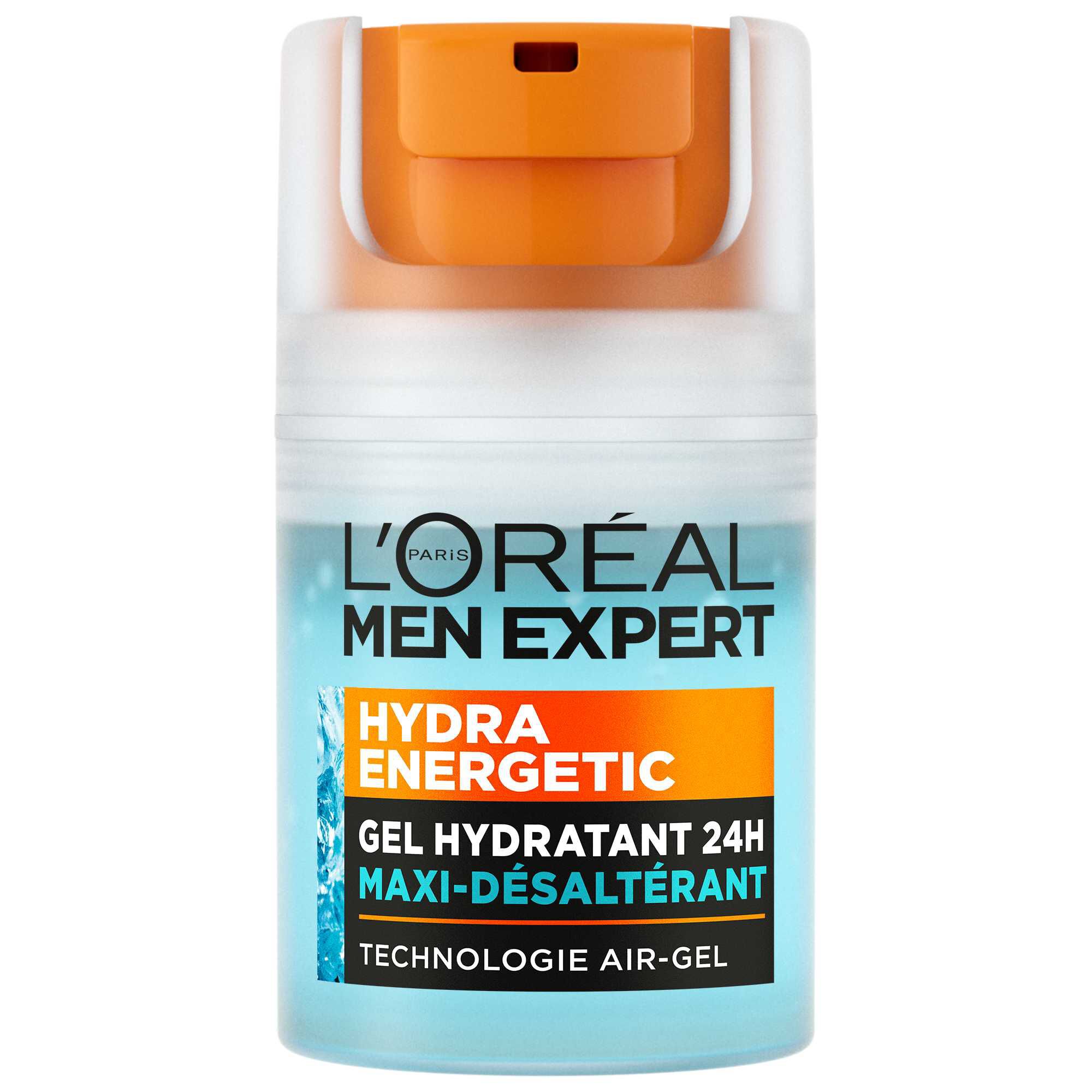Flacon de L’Oreal Paris Men Expert Hydra Energetic, gel hydratant 24 h pour le visage, a la vitamine C et a la cafeine, sur fond blanc.​