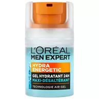 Flacon de L’Oreal Paris Men Expert Hydra Energetic, gel hydratant 24 h pour le visage, a la vitamine C et a la cafeine, sur fond blanc.​