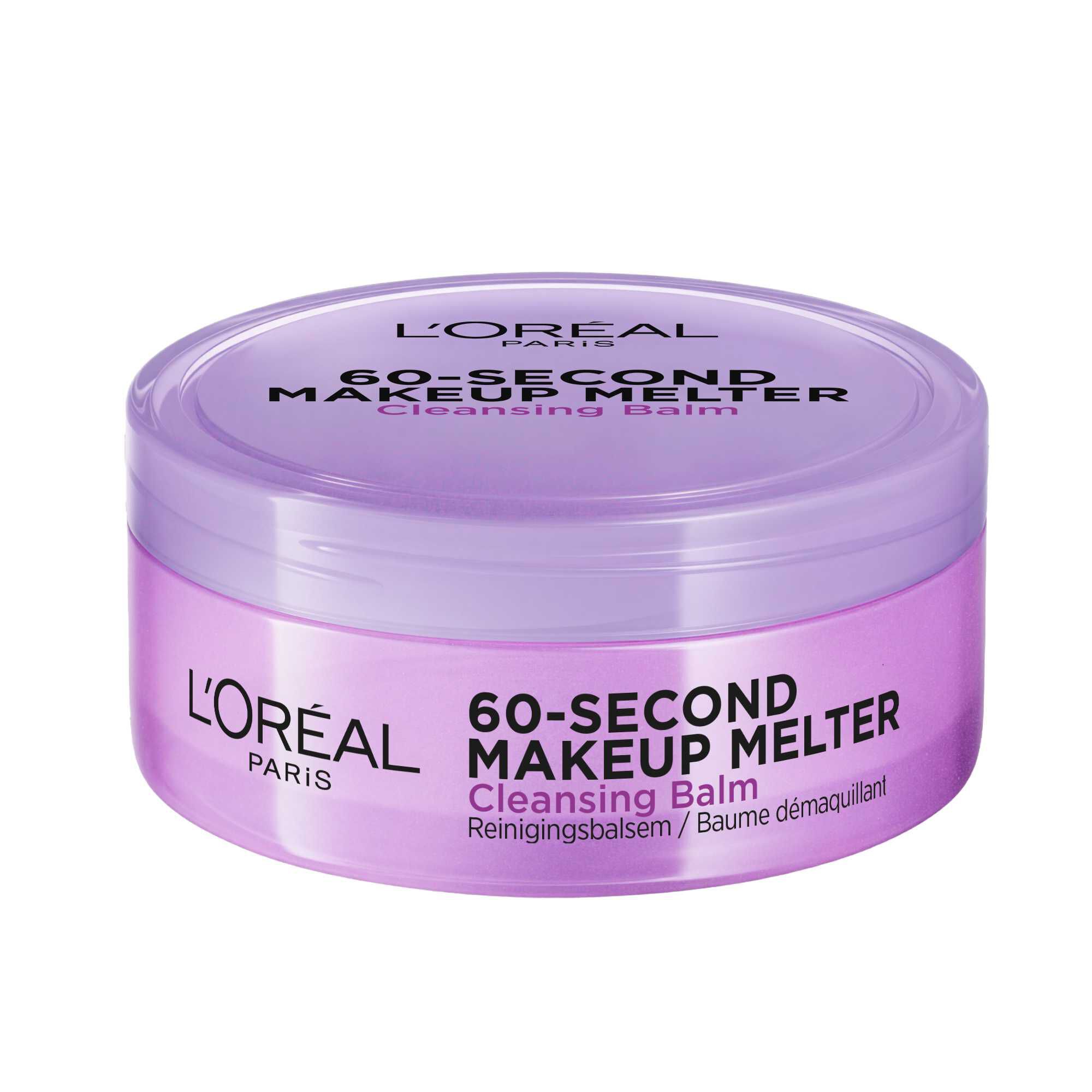 Visuel du pot ferme du baume demaquillant "60-Second Makeup Melter" de L'Oreal Paris. Le pot est de couleur violet lavande pastel, avec des inscriptions noires et blanches indiquant « L'OREAL PARIS - 60-SECOND MAKEUP MELTER - Cleansing Balm - Reinigungsbalsam / Baume Demaquillant ».