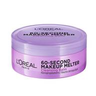 Visuel du pot ferme du baume demaquillant "60-Second Makeup Melter" de L'Oreal Paris. Le pot est de couleur violet lavande pastel, avec des inscriptions noires et blanches indiquant « L'OREAL PARIS - 60-SECOND MAKEUP MELTER - Cleansing Balm - Reinigungsbalsam / Baume Demaquillant ».