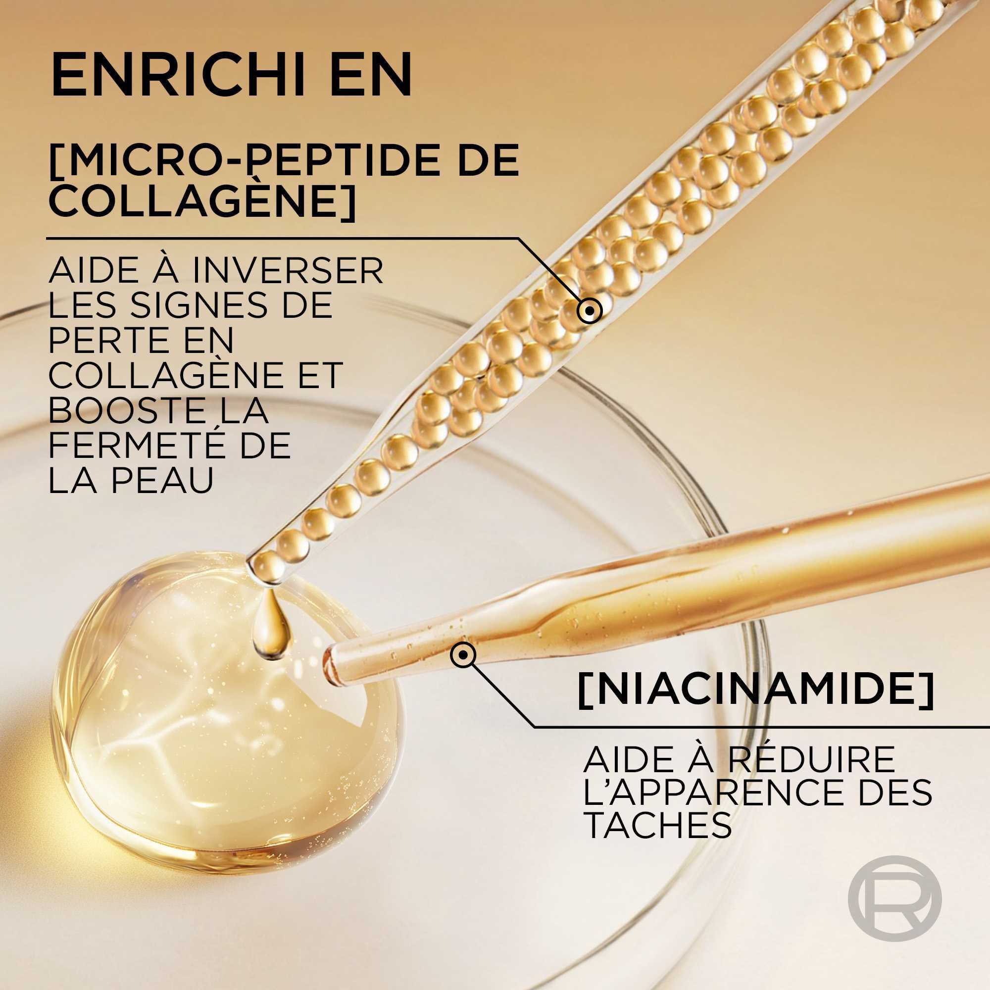 Gouttes de serum et texte expliquant les benefices du Micro-Peptide de Collagene pour la fermete et la Niacinamide pour la reduction des taches.