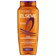 Bouteille de shampooing boucles sublimes Elseve Huile Extraordinaire Amla L'Oreal Paris sur fond blanc, enrichie en huile riche d'amla pour 8 semaines de boucles definies des cheveux secs et boucles.​  ​ ​  ​
