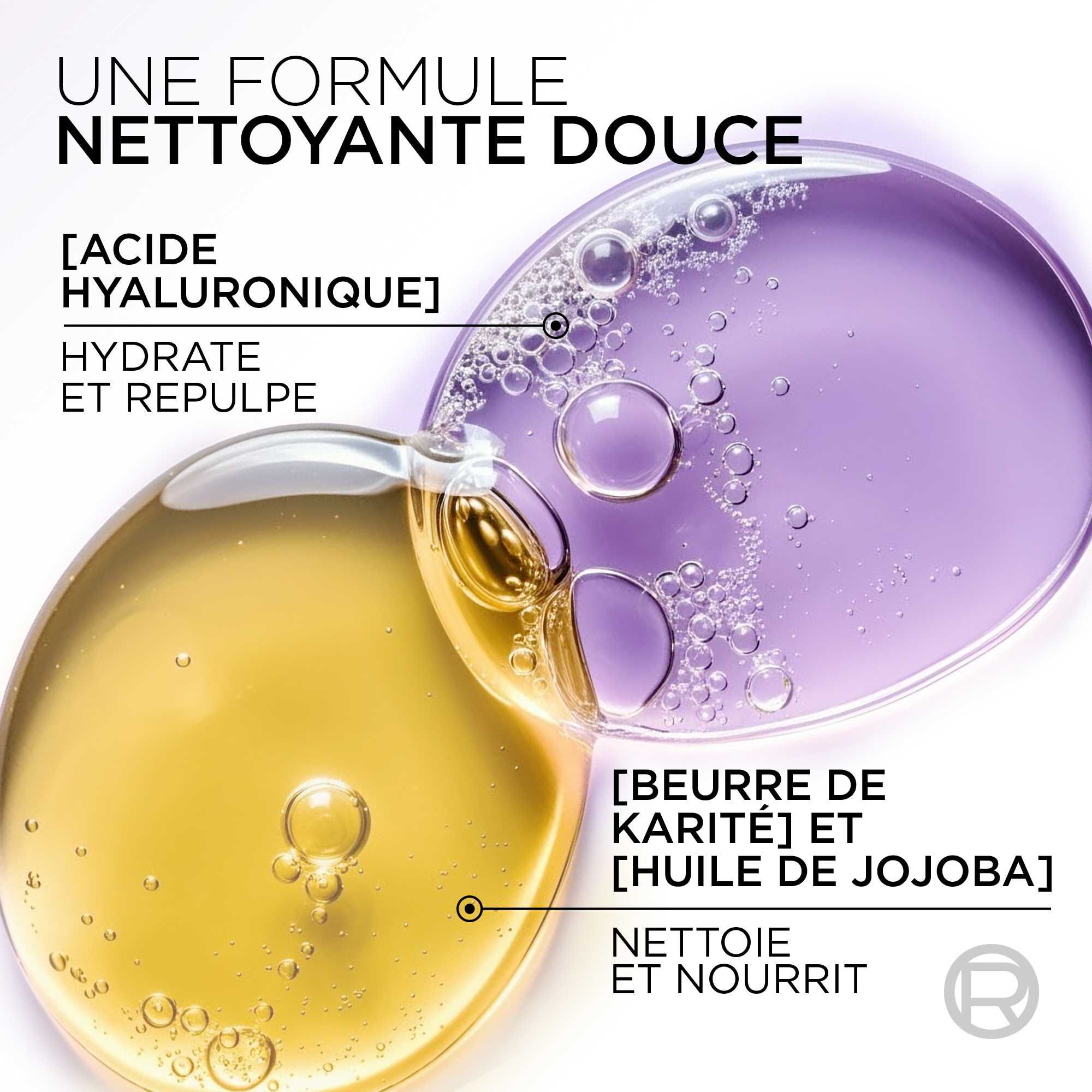 Illustration visuelle des ingredients actifs sous forme de grosses gouttes de serum texturees. A droite, une bulle violette indique « [ACIDE HYALURONIQUE] HYDRATE ET REPULPE ». A gauche, une goutte doree d'huile indique « [BEURRE DE KARITE] ET [HUILE DE JOJOBA] NETTOIE ET NOURRIT ».