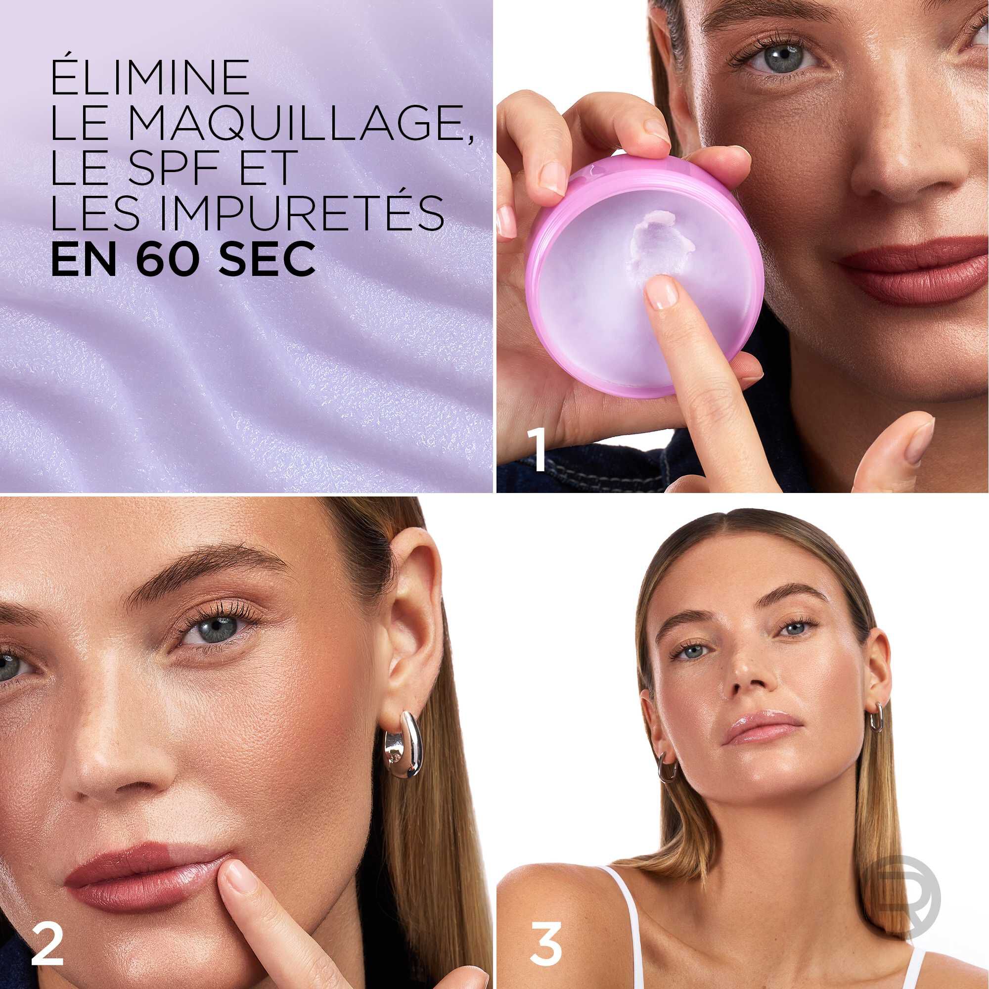 Montage de trois petites photos montrant les etapes d'utilisation sous le titre « ELIMINE LE MAQUILLAGE, LE SPF ET LES IMPURETES EN 60 SEC ». L'etape 1 montre un doigt prelevant une noisette de baume blanc dans le pot. L'etape 2 montre le massage du produit sur le visage du mannequin. L'etape 3 montre le visage rince et propre du mannequin.