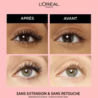 Visuel comparatif "Avant / Apres" montrant l'effet du mascara Lash Paradise sur les cils, avec la mention "Sans extension & sans retouche"​