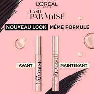 Visuel annoncant "Nouveau look, meme formule" pour le mascara Lash Paradise, comparant l'ancien packaging a gauche ("Avant") et le nouveau design a droite ("Maintenant")​