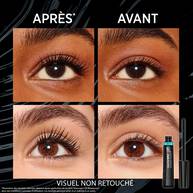 Comparatif avant/apres de l’utilisation d’un mascara L’Oreal Paris, mettant en avant l’amelioration de la longueur et du volume des cils, avec un tube de mascara visible en bas a droite.