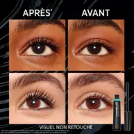Comparatif avant/apres de l’utilisation d’un mascara L’Oreal Paris, mettant en avant l’amelioration de la longueur et du volume des cils, avec un tube de mascara visible en bas a droite.