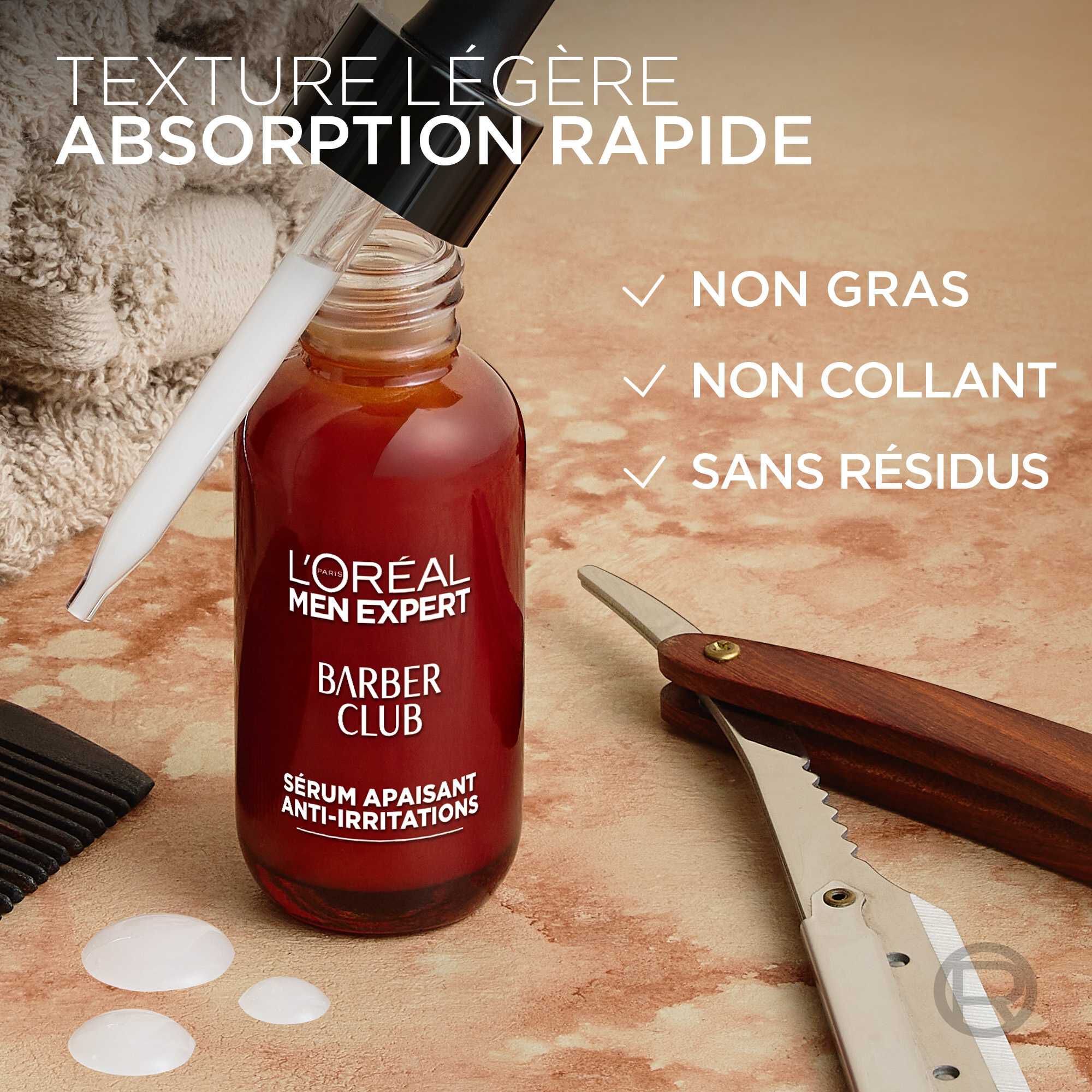 Mise en scene du serum avec un rasoir coupe-chou. Le texte met en avant une texture legere a absorption rapide, non grasse, non collante et sans residus.​