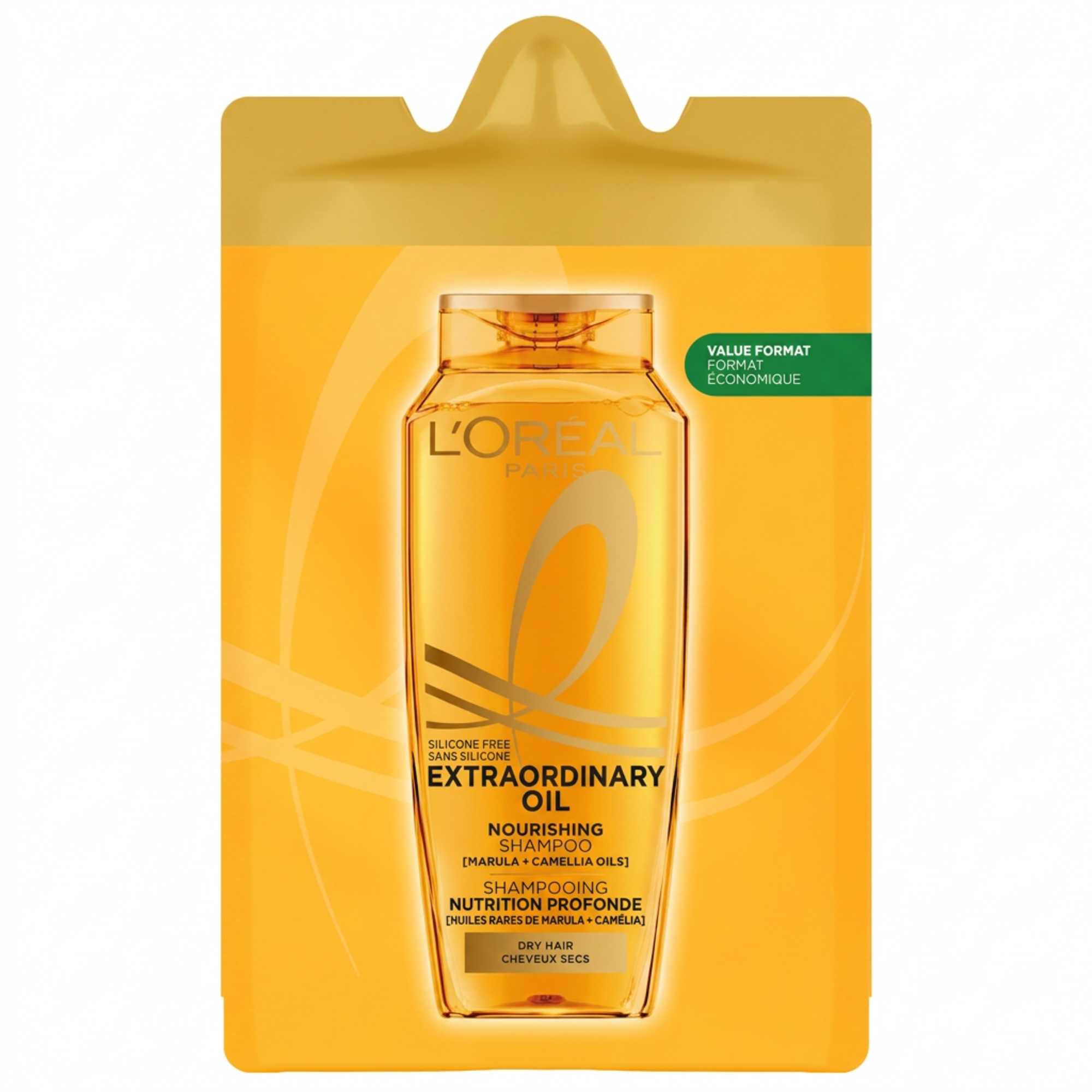 Recharge economique du shampooing Elseve Huile Extraordinaire L'Oreal Paris sur fond jaune, mettant en avant la formule nourrissante aux huiles rares de marula et camelia pour les cheveux secs.​