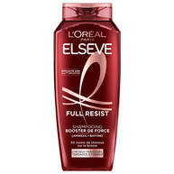 Bouteille de shampooing booster de force Elseve Full Resist Aminexil L'Oreal Paris sur fond rouge, enrichie en Aminexil et biotine pour 5x moins de cheveux sur la brosse des cheveux fragilises a tendance a tomber.​
