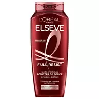 Bouteille de shampooing booster de force Elseve Full Resist Aminexil L'Oreal Paris sur fond rouge, enrichie en Aminexil et biotine pour 5x moins de cheveux sur la brosse des cheveux fragilises a tendance a tomber.​