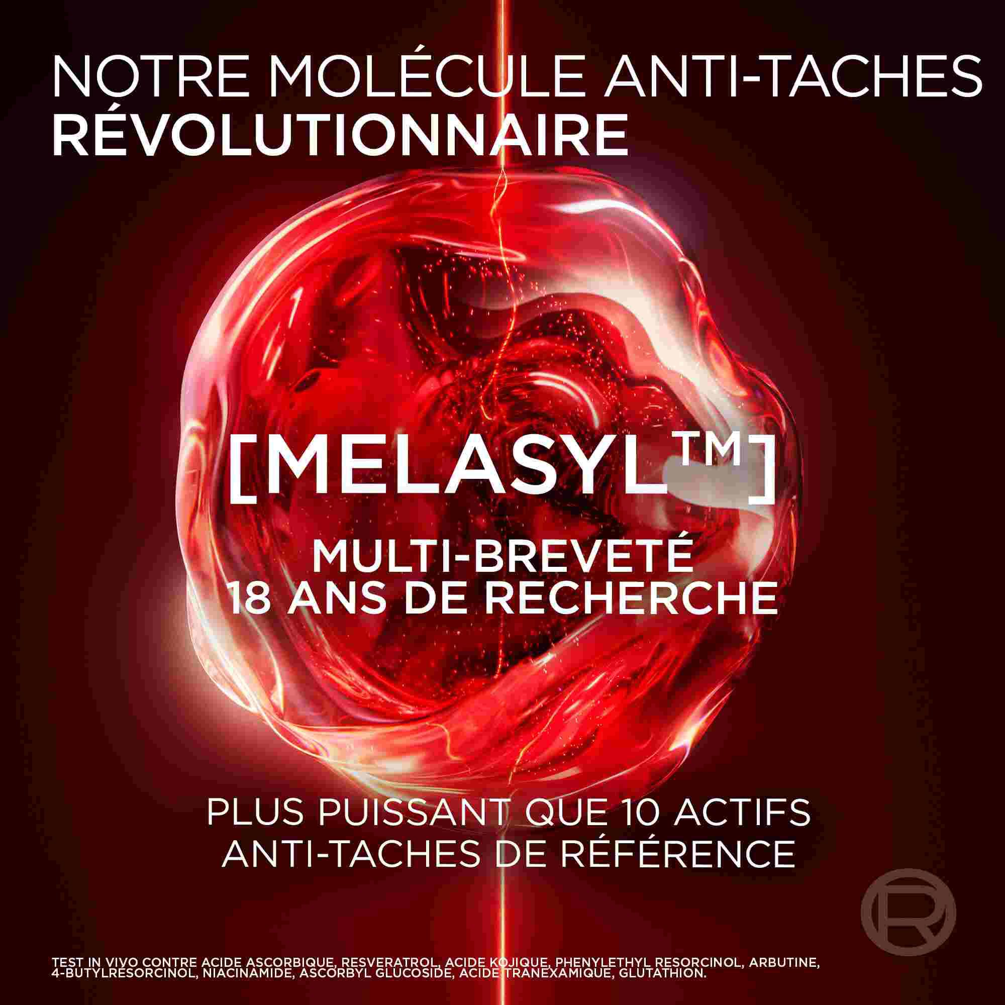 Illustration graphique d'une molecule lumineuse dans une cellule rouge, identifiee comme le [Melasyl], une molecule anti-taches revolutionnaire issue de 18 ans de recherche.​ ​