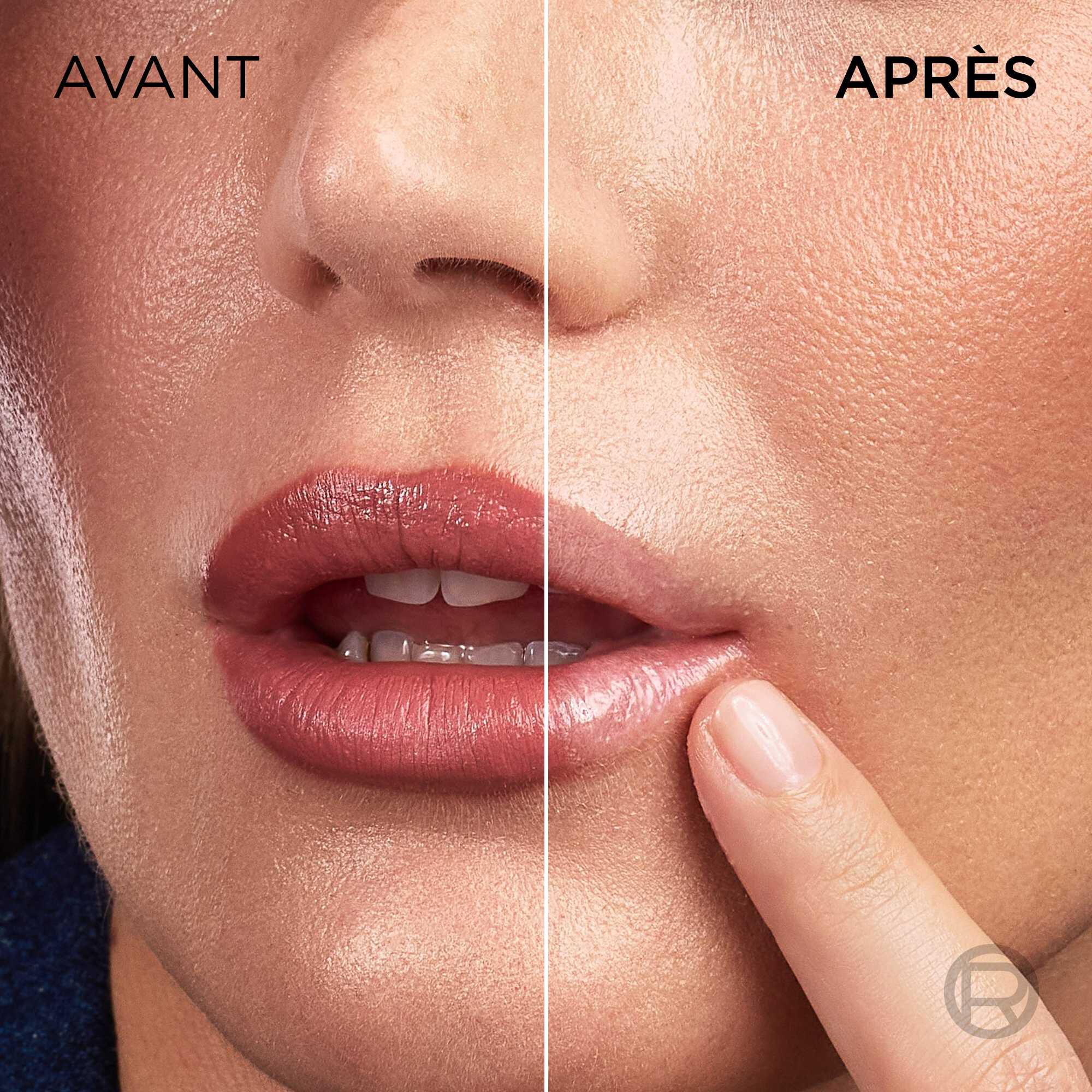 Plan serre sur les levres d'un modele divise en deux. La partie gauche est annotee « AVANT » et montre des levres maquillees d'un rouge a levres mat fonce. La partie droite est annotee « APRES » et montre des levres parfaitement demaquillees, propres et naturelles, effleurees par un doigt.