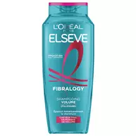 Bouteille de shampooing volume Fibralogy Elseve L'Oreal Paris sur fond bleu, enrichie en filloxane pour epaissir instantanement la chevelure des cheveux fins en manque de volume.​