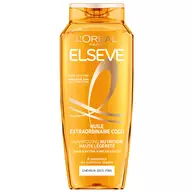 Bouteille de shampooing nutrition haute legerete Elseve Huile Extraordinaire Coco L'Oreal Paris sur fond blanc, formulee sans silicone a l'huile extra- fine de coco pour 8 semaines de nutrition legere des cheveux secs et fins.​
