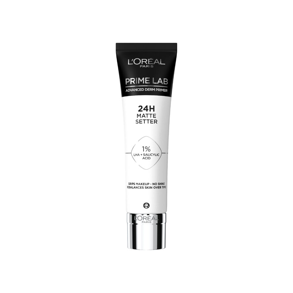 Tube ferme de la base de teint Prime Lab 24H Matte Setter sur fond blanc.​