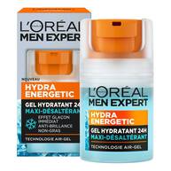 Flacon et etui de L’Oreal Paris Men Expert Hydra Energetic, gel hydratant 24 h a la vitamine C et a la cafeine, presentes ensemble sur fond blanc.​