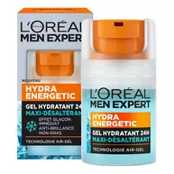 Flacon et etui de L’Oreal Paris Men Expert Hydra Energetic, gel hydratant 24 h a la vitamine C et a la cafeine, presentes ensemble sur fond blanc.​