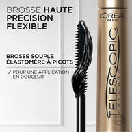Visuel promotionnel expliquant comment appliquer le mascara Telescopic de la racine a la pointe pour un volume et une intensite modulables.