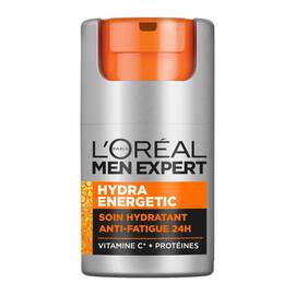 Le produit L'Oreal Men Expert Hydra Energetic Soin Hydratant Anti-Fatigue 24H, un pot gris cylindrique avec un dessus orange vif et un mecanisme de distribution. L'etiquette indique "HYDRA ENERGETIC", "SOIN HYDRATANT ANTI-FATIGUE 24H" et "VITAMINE C* + PROTEINES". Le produit est pose seul sur un fond uni.