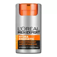 Le produit L'Oreal Men Expert Hydra Energetic Soin Hydratant Anti-Fatigue 24H, un pot gris cylindrique avec un dessus orange vif et un mecanisme de distribution. L'etiquette indique "HYDRA ENERGETIC", "SOIN HYDRATANT ANTI-FATIGUE 24H" et "VITAMINE C* + PROTEINES". Le produit est pose seul sur un fond uni.