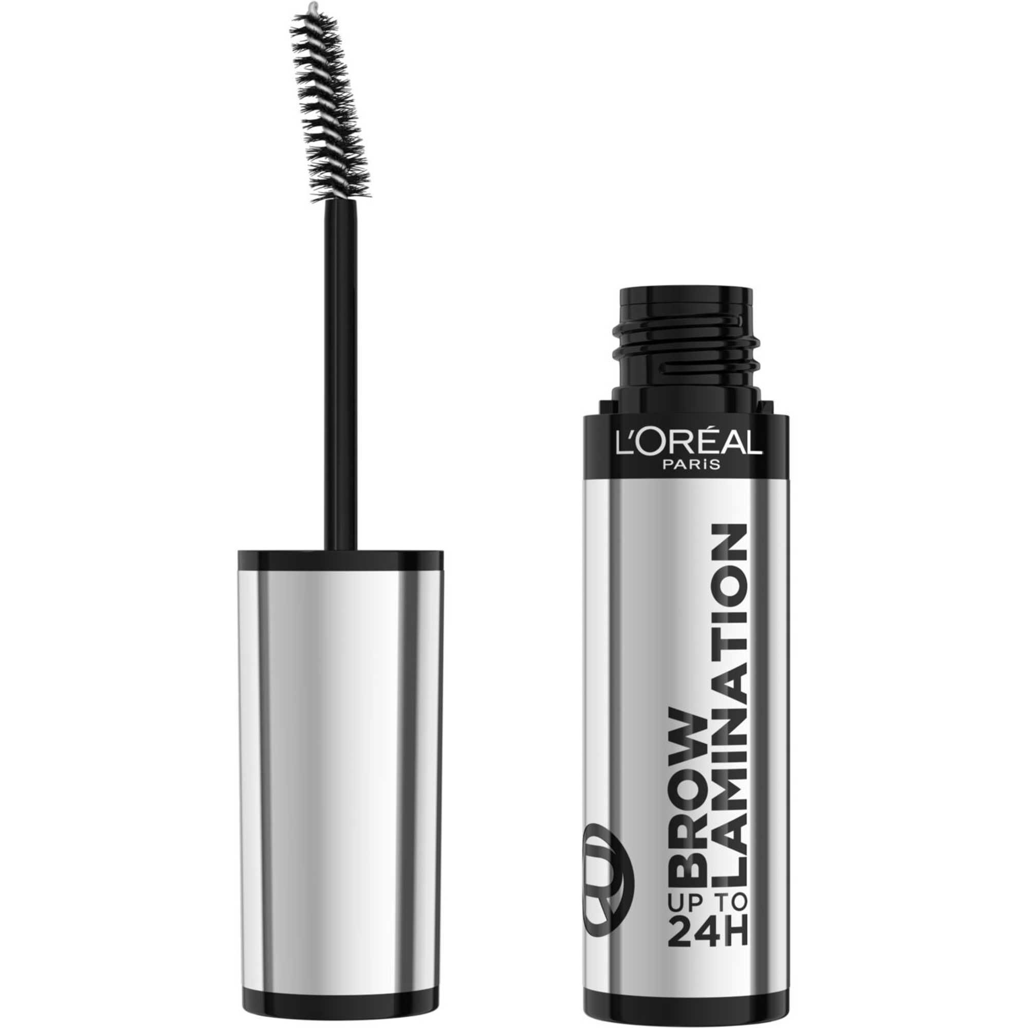 Photo studio sur fond blanc presentant le gel fixateur de sourcils L'Oreal Paris Brow Lamination. A gauche, l'applicateur est sorti, revelant une brosse goupillon noire. A droite, le flacon cylindrique argente et noir affiche l'inscription verticale « BROW LAMINATION UP TO 24H ».