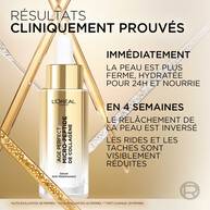Flacon du serum L'Oreal Age Perfect Micro-Peptide de Collagene avec le texte "RESULTATS CLINIQUEMENT PROUVES" et des details sur les effets immediats et en 4 semaines sur la fermete, l'hydratation, les rides et les taches.