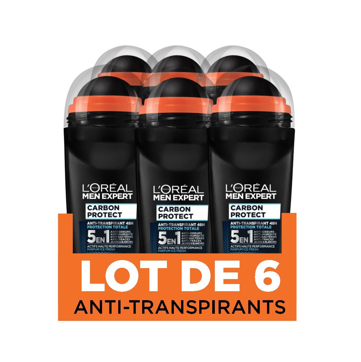 Lot de 6 Deodorants Bille Men Expert Carbon Protect 5-en-1 Ice Fresh