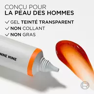Texte sur fond blanc et orange decrivant un produit : 'CONCU POUR LA PEAU DES HOMMES', suivi de trois points coches : 'GEL TEINTE TRANSPARENT', 'NON COLLANT', 'NON GRAS'. Un tube de gel orange est visible en bas.