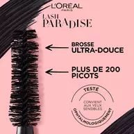 Visuel du mascara Lash Paradise de L'Oreal Paris mettant en avant sa brosse ultra-douce comportant plus de 200 picots, avec le label de test ophtalmologique pour yeux sensibles.​
