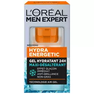Etui de L’Oreal Paris Men Expert Hydra Energetic, gel hydratant 24 h pour le visage. L’emballage mentionne un effet eclat immediat et une action anti-brillance.​