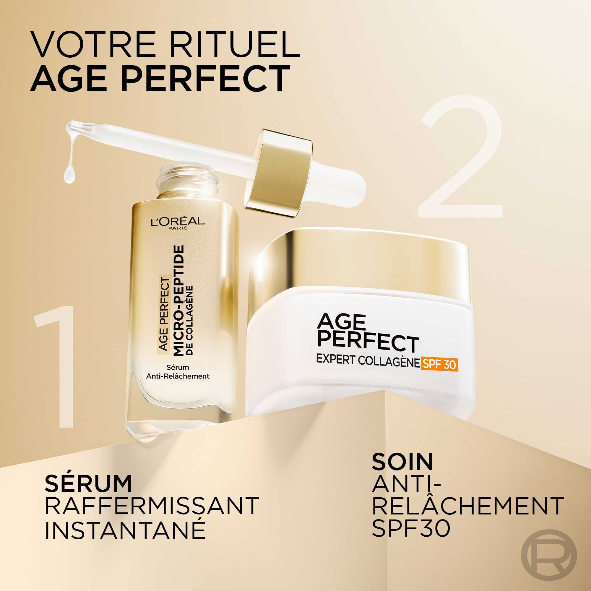  Representation visuelle du rituel de soins Age Perfect avec le serum raffermissant instantane (etape 1) et le soin anti-relachement SPF30 (etape 2).