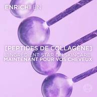 Visuel textuel et abstrait de la formule Elseve Collagen Lifter L'Oreal Paris sur fond violet, mettant en avant les peptides de collagene, l'ingredient star du skincare maintenant pour les cheveux.​