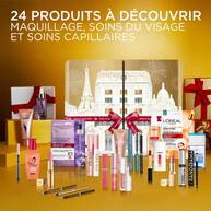 Calendrier de l'Avent L'Oreal Paris ferme, avec une variete de produits de beaute L'Oreal disposes devant.
