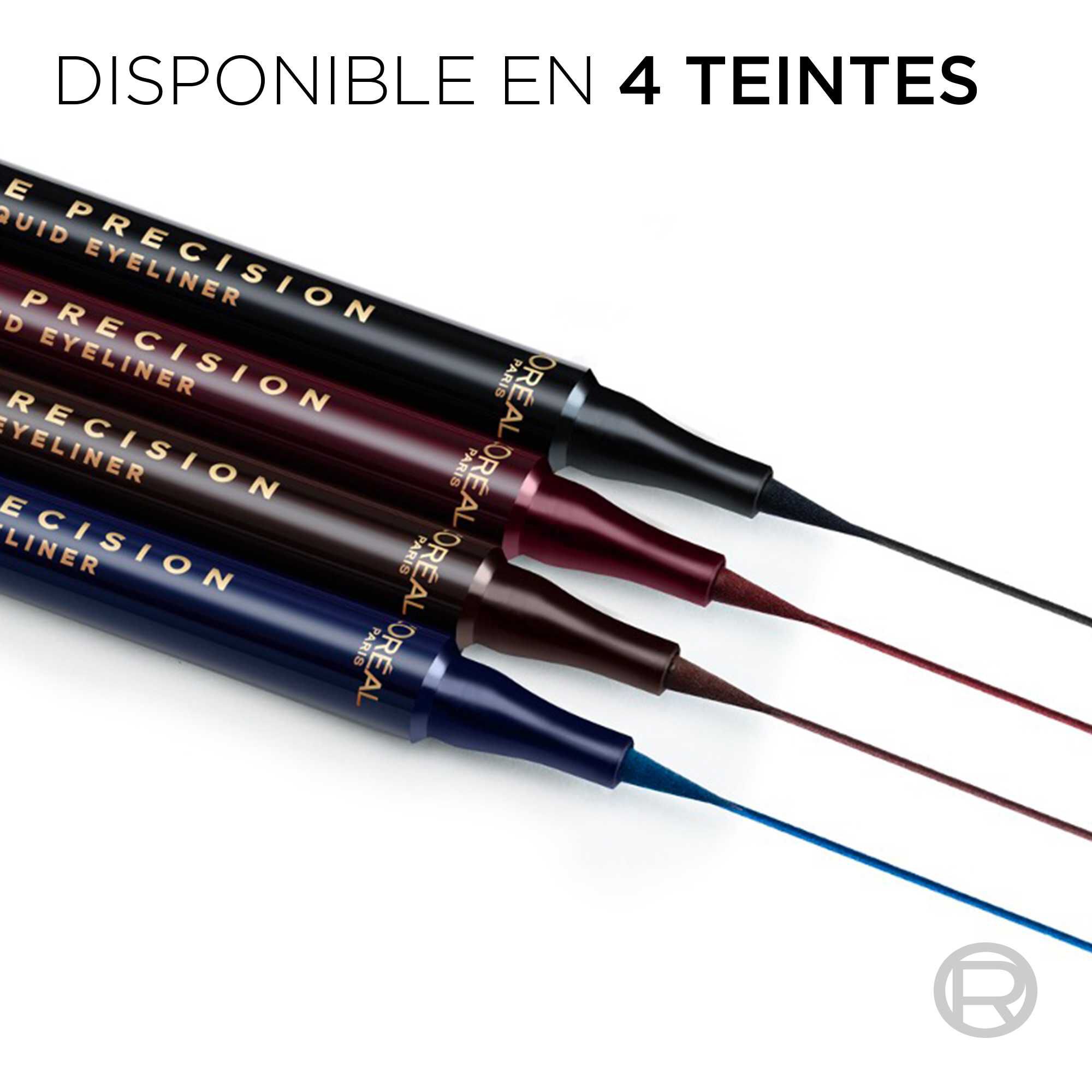 Presentation des quatre teintes de l'eyeliner liquide Haute Precision avec leurs traces respectifs sur fond blanc.​